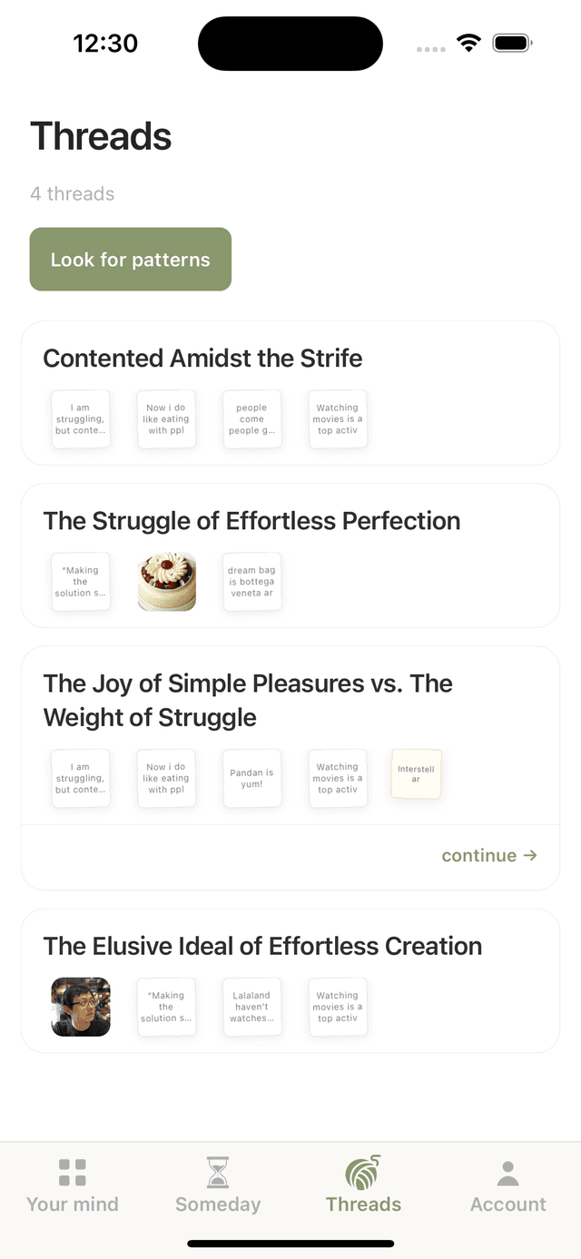 Thread detail showing AI-found pattern with user fragments